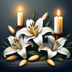 Wall Mural - In a solemn setting, a banner design showcases white lilies and burning candles against a grey backdrop, expressing reverence and solemnity