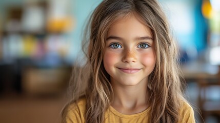 Smiling Young Girl with Freckles in a Sunny Room