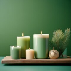 Wall Mural - Scented candles arranged against a gentle green backdrop, promoting serenity and minimalism, featuring an open text space