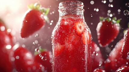 Refreshing strawberry juice in a bottle, surrounded by fresh strawberries and splashes of water, highlighting its vibrant color and delicious appearance.