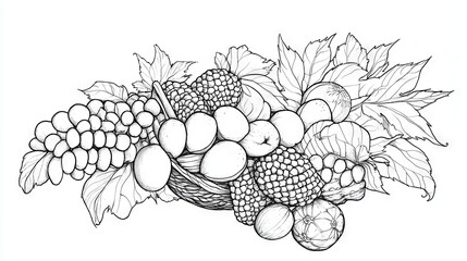 Canvas Print - A drawing of a bunch of fruits and vegetables, including grapes, apples