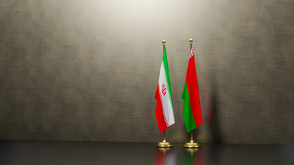 Iran and Belarus flags on table. Negotiation between Belarus and Iran. on background. 3D work and 3D image