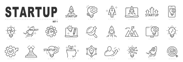 set of startup related line icons. launch, rocket, project, development etc. editable stroke.