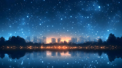 Poster - Cityscape Reflections Under a Starry Night Sky