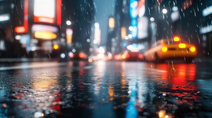 A vibrant city street illuminated by neon lights, reflecting on wet pavement during a rainstorm, This image captures urban nightlife and can be used in travel blogs, advertisements, or wallpapers,