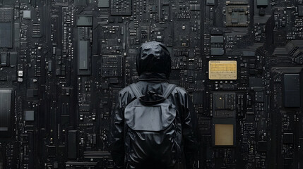 Poster - A Person Stands Before a Circuit Board Wall in the Rain