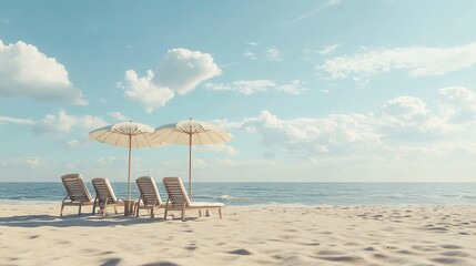 Wall Mural - Serenity on the Beach with Sun Loungers and Umbrellas