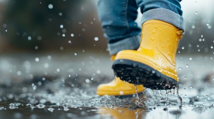 Child joyfully splashing in a puddle, vibrant yellow boots contrasting with water droplets, carefree expression reflects pure delight in a playful moment outdoors