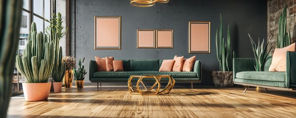 An artistic living room with maple wood flooring, steel gray walls, and a jade green sofa A hexagonal bronze coffee table, peach frames, and tall cactus plants A contemporary gold ring chandelier