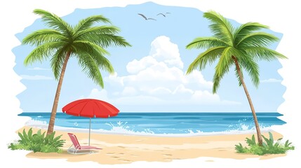 Wall Mural - Tropical beach scene with palm trees, sandy shore, umbrella, and blue ocean under a clear sky, summer vacation illustration. on white background 