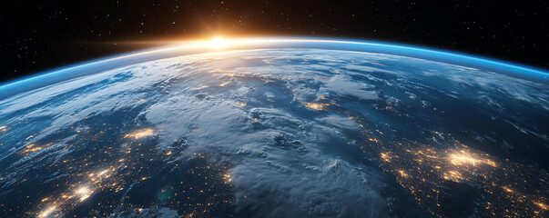 Wall Mural - Earth from space during sunrise, showcasing blue oceans and clouds.