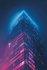 Wall Mural - Futuristic Skyscraper Illuminated with Neon Lights Against a Night Sky in a Modern Urban Cityscape