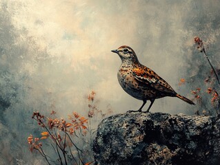 Canvas Print - A Small Bird Perched on a Rock in a Misty Landscape