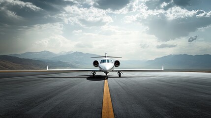 A sleek private jet is positioned on a runway, set against a dramatic sky and mountainous backdrop.