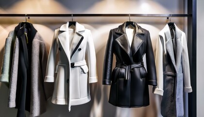 A sophisticated display of a white-gray-black coat and sweater on hangers in a high-end fashion store. These classic pieces showcase timeless elegance in women's fashion.