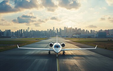 A private jet on a runway with a city skyline in the background during sunset.