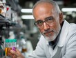 © Sasint - A portrait of a scientist in a lab coat, carefully examining a test tube filled with colorful chemicals, scientific lab with advanced equipment in the background