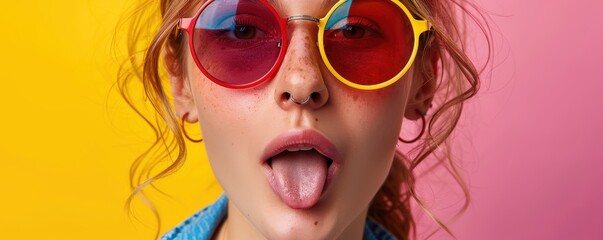 Canvas Print - Stylish woman making a bold fashion statement with colorful sunglasses and piercings. Free copy space for banner.