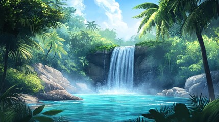 Sticker - Serene Waterfall in Lush Tropical Paradise