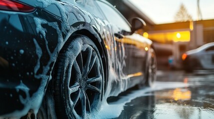 Close-up of a Black Car Covered in Soap Suds