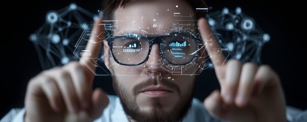 A focused man interacts with digital data, showcasing technology and innovation in a futuristic setting.