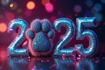 Wall Mural - Futuristic 2025 celebration with furry paw print and colorful bokeh lights for festive design