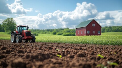 Poster - Red Tractor Working in a Field