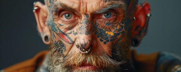 Wall Mural - Close-up portrait of elderly man with detailed facial tattoos and piercings. Free copy space for banner.