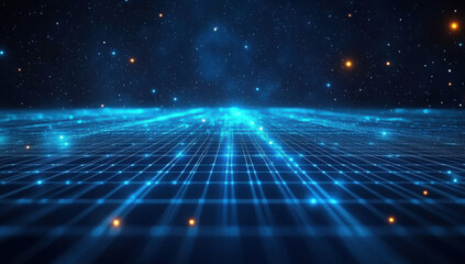A blue grid with glowing lines on a dark background, a futuristic digital landscape background