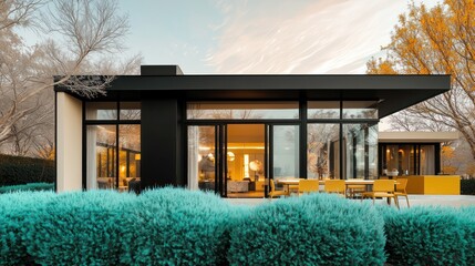 A modern home with an ivory black exterior and large windows, set against a backdrop of soft teal bushes, with a mustard yellow dining area