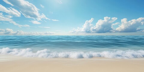 Wall Mural - a serene beach scene with gentle waves, clear blue skies, and fluffy clouds, perfect for evoking a s