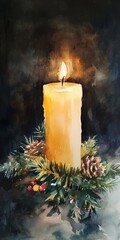 Sticker - Subtle watercolor painting of a Christmas candle glowing with soft light.