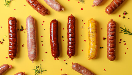 Sticker - Many different tasty sausages on yellow background, flat lay. Banner design