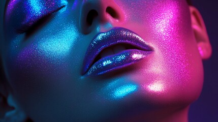 Vibrant neon makeup illuminates a face in striking blue and pink hues, showcasing glossy lips and closed eyes in a mesmerizing close-up beauty portrait.