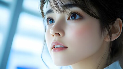 Poster - Close Up Portrait of a Woman with Bright Eyes and Pink Cheeks