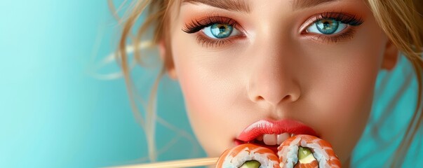 Wall Mural - Close-up portrait of a model eating sushi with chopsticks, focusing on her bright eyes. Free copy space for banner.