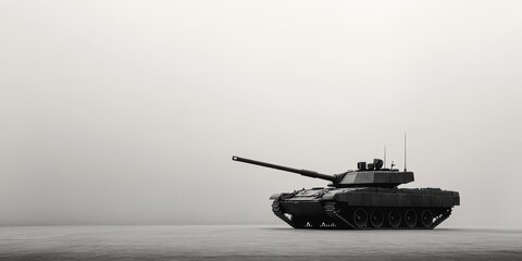 A sleek military tank positioned against a minimalist gray background, highlighting its powerful design and imposing presence.