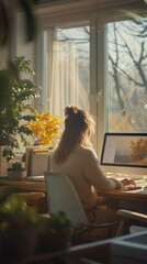 Wall Mural - A woman sits at a desk with a computer monitor in front of her