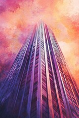 Wall Mural - Watercolor illustration of a synthwave skyscraper, featuring a mix of vibrant hues and dynamic shapes.