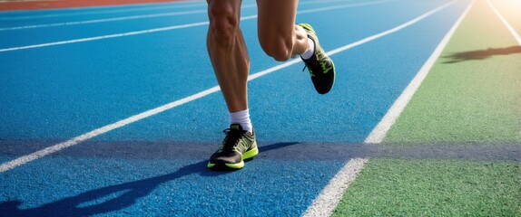 Wall Mural - Dynamic shot of athlete running on colorful outdoor track, showcasing speed and athleticism in competitive environment