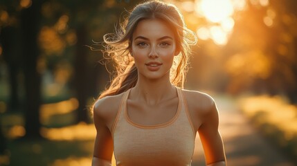 A young woman in athletic wear jogging in a park during sunrise vibrant colors dynamic movement fitness and wellness theme