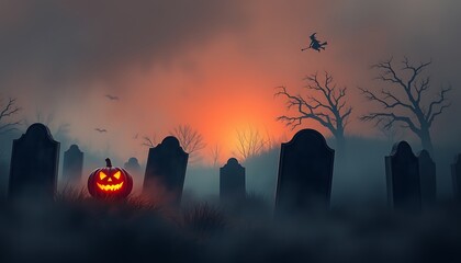 Poster - A fog-filled graveyard scene is depicted in this Halloween poster, with crooked gravestones, an eerie glowing jack-o'-lantern, and a distant silhouette of a witch flying on a broomstick.