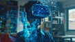 © Maria Mikhaylichenko - Immersive virtual reality experience: user explores futuristic digital landscape with glowing blue holograms, merging real and virtual worlds seamlessly.