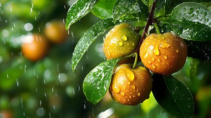 Sticker - Rain-Soaked Fruit on a Branch, Lush Green Leaves, Nature's Beauty