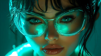 Canvas Print - Close-up Eyes with Blue Light and Clear Glasses