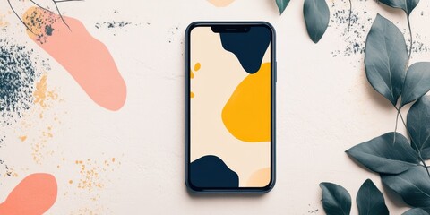 Minimalist smartphone display with abstract artistic background and green leaves, perfect for modern digital aesthetics.