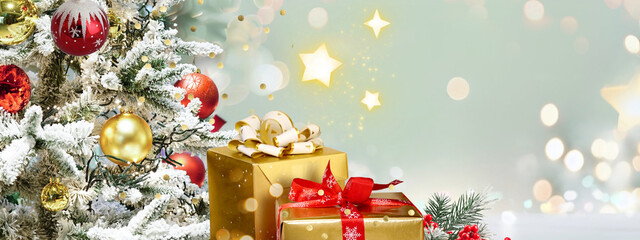 Wall Mural - Colorful beautiful Christmas and New Year banner with golden gift boxes and decorated Christmas tree.