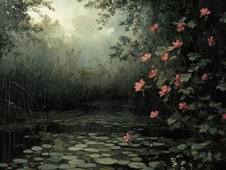 Poster - Misty Forest Lake with Pink Flowers - Tranquil Nature Painting