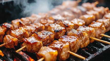 A close-up of marinated pork skewers grilling on a hot charcoal barbecue, the meat caramelizing and emitting an irresistible aroma.