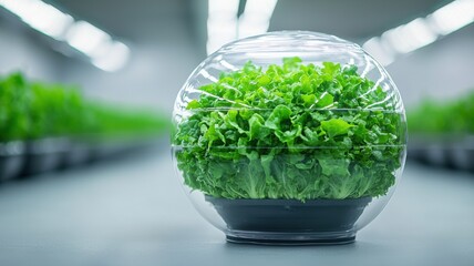 A fresh lettuce plant encased in a clear dome, showcasing modern agricultural techniques in a controlled, indoor environment.